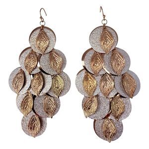Gold & Silver-Tone Layered Leaf Dangle Earrings 4.5" Statement Chandelier Boho
